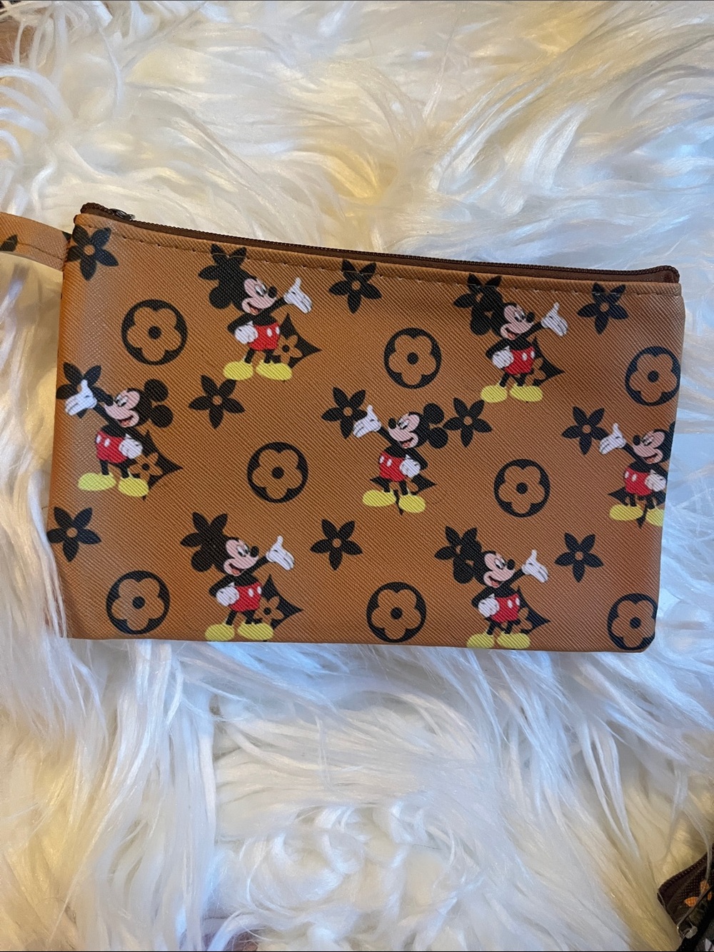 Brown Mickey Mouse Patterned Zip Pouch